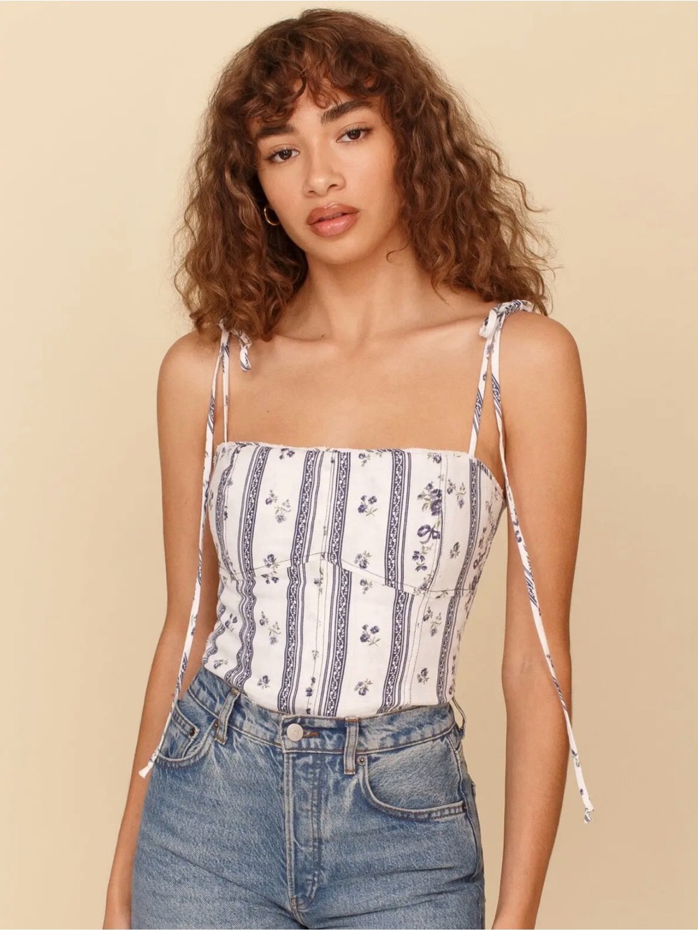 Reformation White and Blue Textured Linen Crop Top